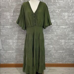 Kings Road Chic Olive Midi Dress with Button Detail
